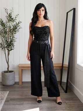 CHANEL Black Wide-Leg Textured Bouclé Pants